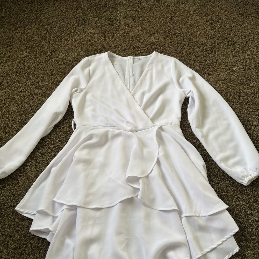 Amazon White Long-Sleeve Wrap Mini Dress